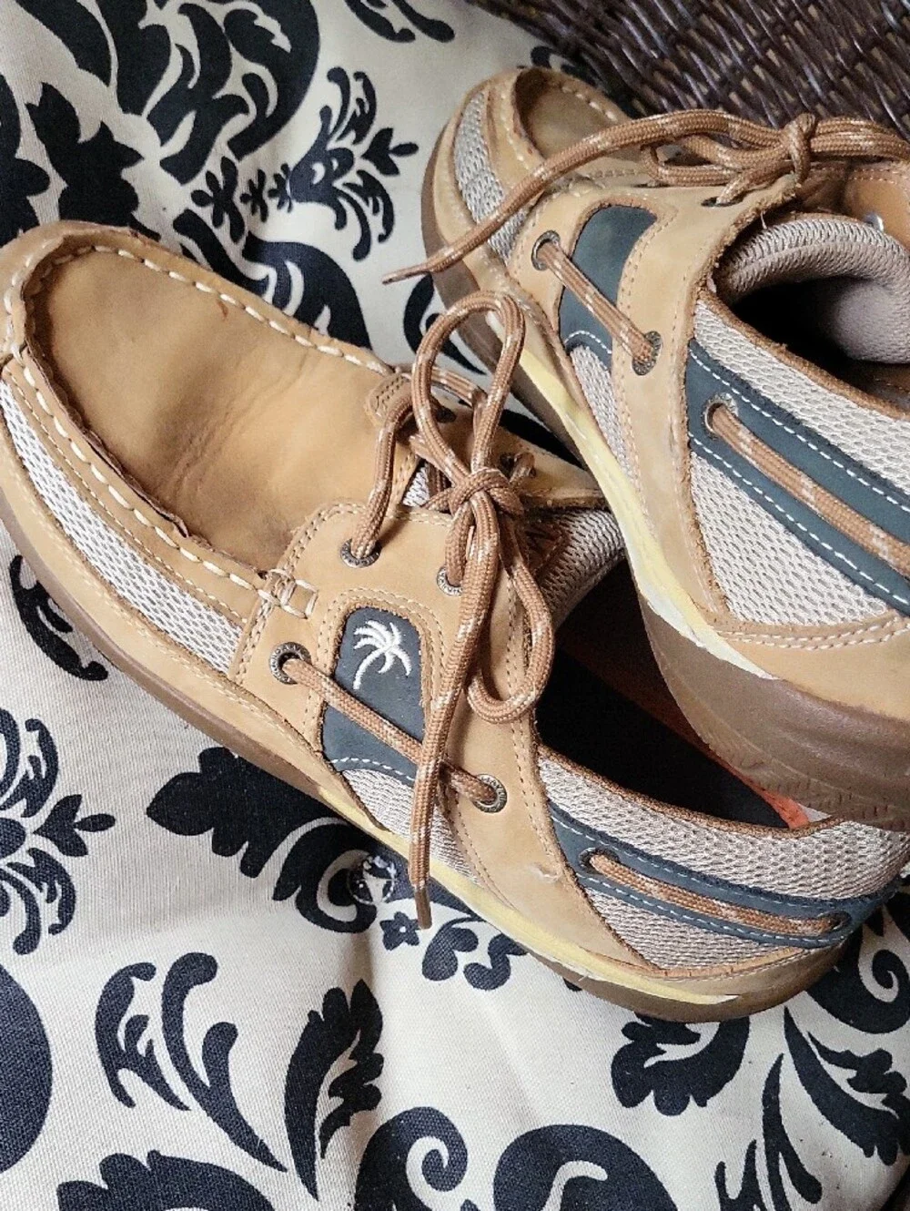 Margaritaville Men's Boat Shoes in Tan and Gray with Mesh Panels